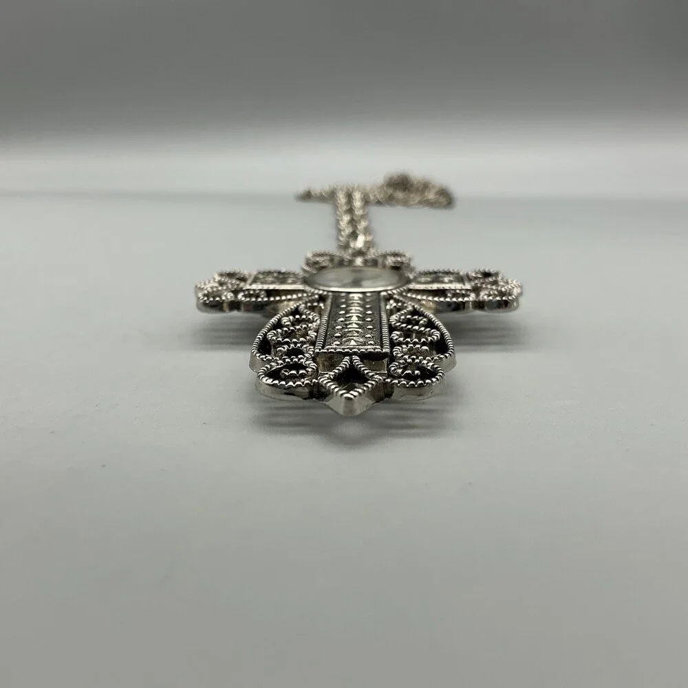 LA Express Womens Watch 44mm Cross Pendant Necklace Silver Tone New Battery